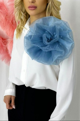 Camasa office Alizee, cu accesoriu floral din organza, Alb/Bleu, Marime S/M 2
