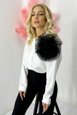 Camasa office Alizee, cu accesoriu floral din organza, Alb/Negru, Marime S/M 4
