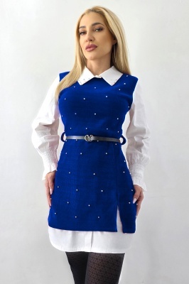 Camasa rochie Iuliana, cu sarafan aplicat si perle aplicate, Albastru, Marime S/M