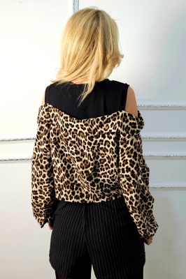 Camasa satinata de dama ATLAZ, cu imprimeu uni si animal print, Leopard, Marime S/M detaliu