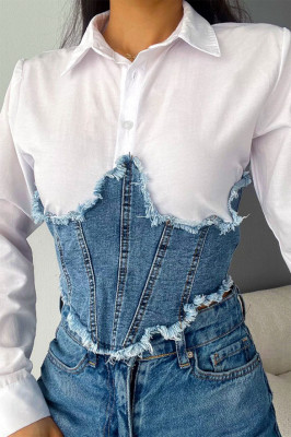 Camasa scurta Adelina, cu maneca lunga si panou din denim, Albastru  1