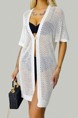 Cardigan clasic Crochet, cu accesoriu tip brosa si maneca scurta, Alb, Marime S/M/L 3