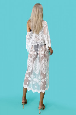 Cardigan pentru plaja Veneziano, cu imprimeu floral si aspect tesut, Alb2