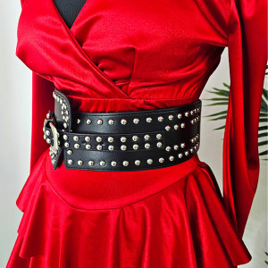 Centura corset cu catarama Teo Star, elastica, din piele ecologica cu detalii metalice, Negru 9