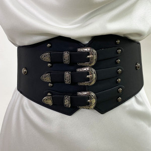 Centura corset Vog neagra, lata, din piele ecologica, elastica, cu catarame argintii2