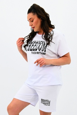 Compleu batal Melis, cu tricou imprimat si pantaloni scurti, Alb 1