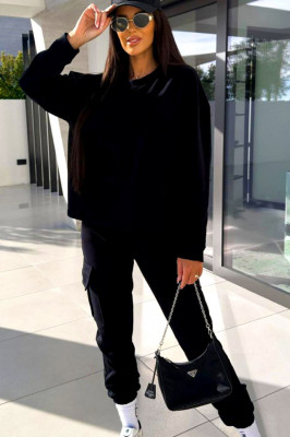 Compleu bumbac Sprendy, cu bluza lejera si pantaloni cu buzunare oversize, Negru 2