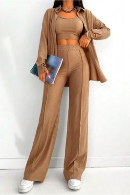 Compleu casual Aleksa, din trei piese, cu top, camasa si pantaloni evazati, Bej