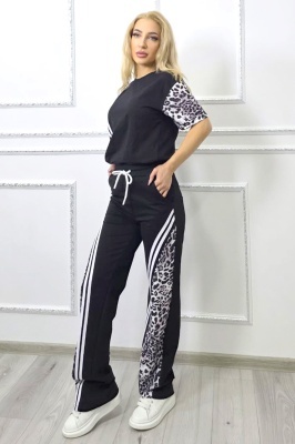 Compleu casual animal print Power Move, cu tricou si pantaloni lejeri, NEGRU