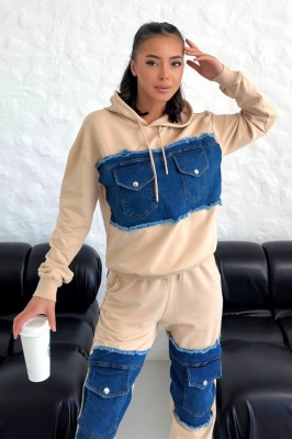 Compleu casual CONGO, cu bumbac si denim, Bej 4