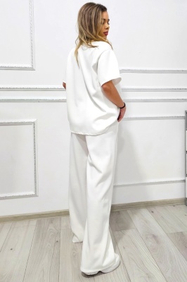 Compleu casual CRYSSA, bluza oversize cu accesoriu in relief si pantaloni lungi, ALB, oversize spate