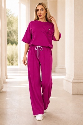 Compleu casual, doua piese Solenne, cu detaliu floral si cristale, Fucsia, Marime S/M/L