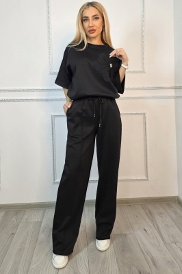 Compleu casual, doua piese Solenne, cu detaliu floral si cristale, Negru, Marime S/M/L