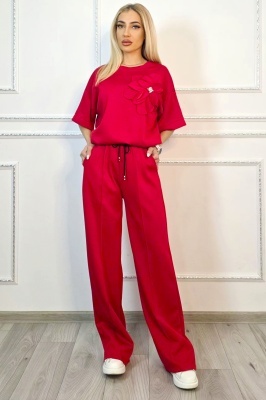 Compleu casual, doua piese Solenne, cu detaliu floral si cristale, Rosu, Marime S/M/L