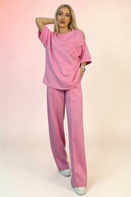 Compleu casual doua piese Solenne, cu detaliu floral si cristale artizanale, Roz, Marime S/M/L