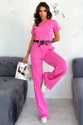 Compleu casual Kaliana, cu tricou scurt, curea si pantaloni cu nervura, Roz 2