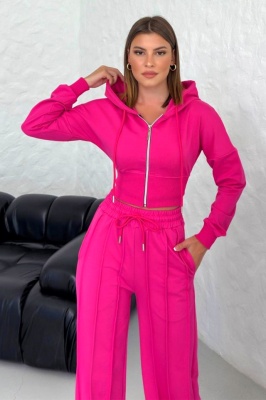 Compleu casual WalKING Time, hanorac si pantaloni cu dungi in relief, Fucsia detaliu