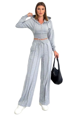 Compleu casual WalKING Time, hanorac si pantaloni cu dungi in relief, Gri 6