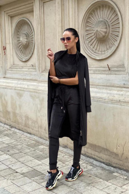 Compleu catifea Zafir, din trei piese,  bluza crop, cardigan si pantaloni cu banda elastica la extremitati, Negru