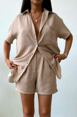 Compleu cu bumbac creponat, Jolin, camasa si pantaloni scurti cu pense, Bej 1
