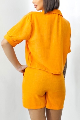Compleu cu bumbac creponat, Keona, camasa si pantaloni scurti cu snur, Orange spate detaliu
