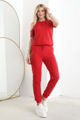 Compleu cu perle Jupiter, pantaloni si bluza cu maneca scurta, Rosu1