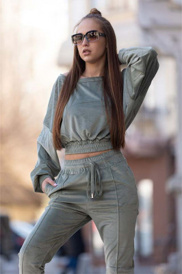 Compleu de catifea Dyia, pantaloni si bluza cu umar cazut, Olive3