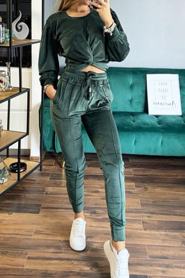Compleu de catifea Katrina, pantaloni si bluza, smarald