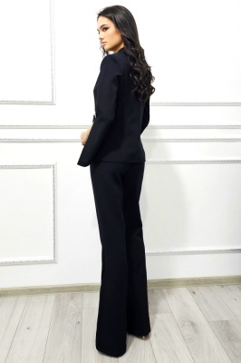 Costum elegant de dama Daleea, sacou cu maneci decupate si pantaloni evazati, Negru detaliu lateral
