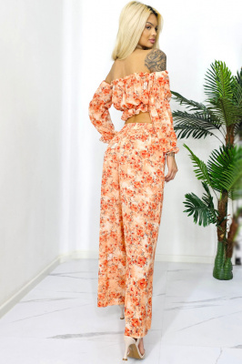 Compleu de vara Bouquet, pantaloni lejeri si camasa cu volane, Portocaliu, Marimea S/M/L spate