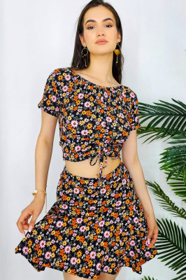 Compleu de vara Mariposa, cu fusta sport si bluza cu snur, Floral2