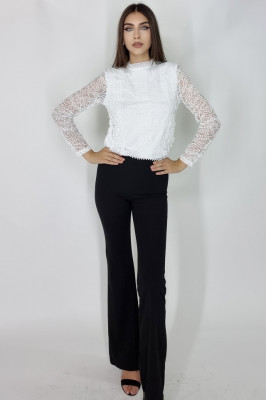 Compleu Federica, camasa cu efect brodat si pantalon evazat, Alb2