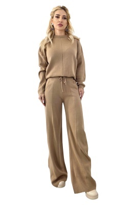 Compleu lejer cu lana ELETRA, bluza asimetrica si cristale laterale, BEJ, Marime M/L