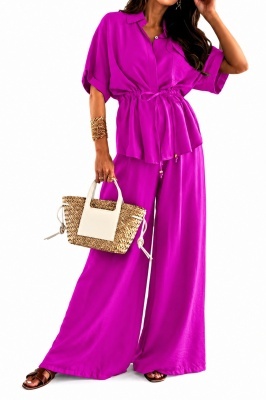 Compleu oversize AZMIRA, camasa vaporoasa si pantaloni lejeri, Mov, Marime S/M/L