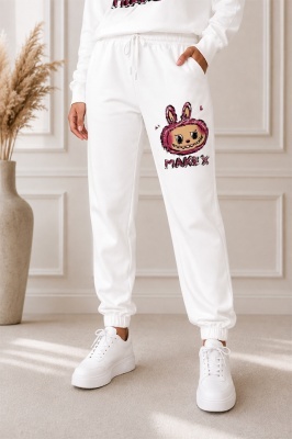 Compleu sport Bubelle, cu imprimeu grafic si pantaloni jogger, ALB