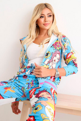 Compleu sport OMG, pantaloni si bluza cu fermoar si imprimeu retro, Albastru1