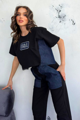 Compleu sport USA Dream, tricou oversize inscriptionat si pantaloni cu panouri denim, Negru 3