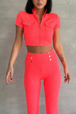 Compleu sport Walk, bluza scurta cu fermoar si pantaloni slim fit, Corai 4