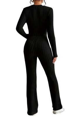 Compleu strech cu aspect impletit Wayana, bluza scurta si pantaloni evazati, Negru