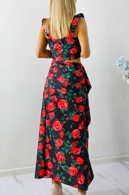 Compleu Summer Party, top cu volane si fusta cu imprimeu trandafiri, Negru, Marime S/M detaliu