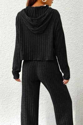 Compleu tetra Scarlett, cu bluza large, gluga si pantaloni lejeri, Negru 1