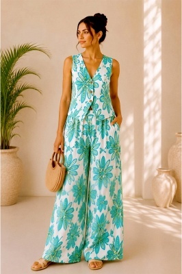 Compleu vaporos Arioso, imprimeu mediteranean, pantaloni palazzo si vesta, Verde