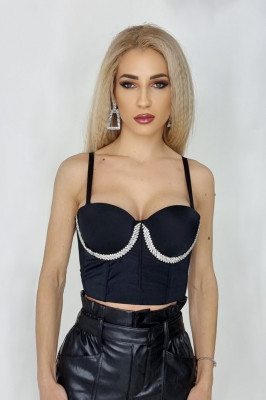 Corset Cearly, cu aplicatii din cristale artizanale si bretele reglabile cu grosime medie, Negru1