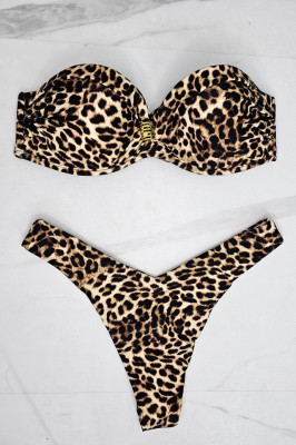 Costum de baie doua piese Lea, slip cu talia in V si sutien buretat, Animal print, Maro3