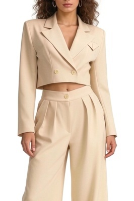 Costum crem dama elegant cu sacou scurt si pantaloni wide leg