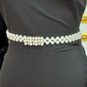 Curea elastica cu perle TYE, catarama decorativa dreptunghiulara si cristale, Crem detaliu fashion