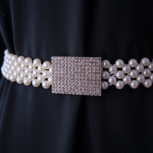 Curea elastica Pearly, catarama metalica decorativa si perle, Onix Alb 3