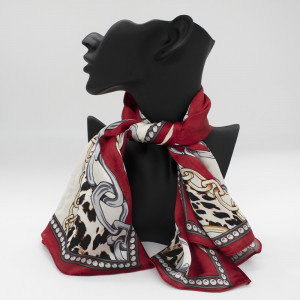 Esarfa de dama, din matase satinata, in cutie cadou, Tiger Chain, Rosu, 70x70 cm2