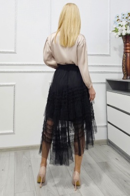 Fusta asimetrica FHAYE, cu volum si volane din tull, Negru, Marime S/M
