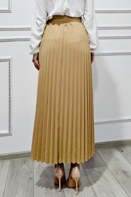 Fusta de zi plisata BELORI si curea decorativa, Crem, Marime S/M/L verso